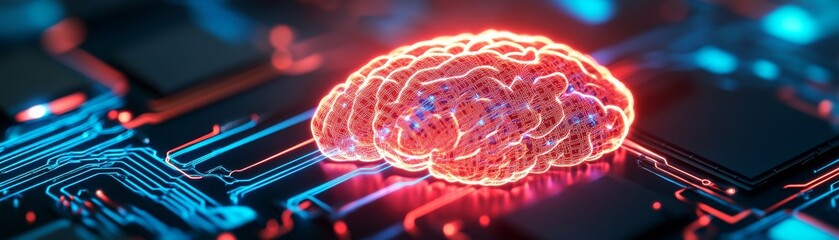 Obraz premium Digital Brain Circuitry, Vivid Neon Red and Blue Circuitry, AI and Tech, Artificial Intelligence, Futuristic Mind, Circuit Board Art