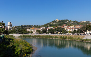 Adige River and historic city waterfront in Verona, Italy