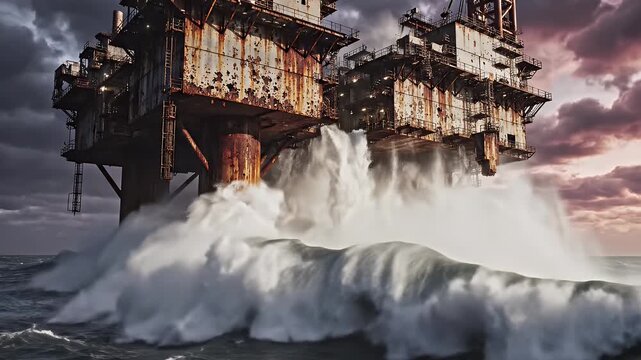 Rusty industrial platform batters waves under stormy, dramatic skies