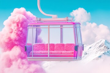 A whimsical pink chairlift carries a cozy couch high above, floating serenely among fluffy clouds, inviting daydreams and playful adventures.