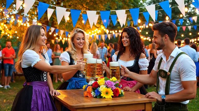 People in traditional outfits clinking beer mugs