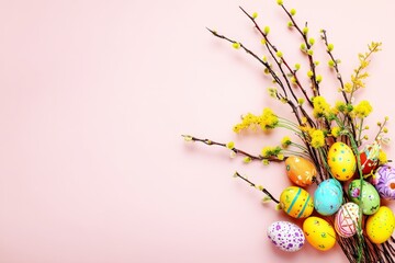 A vibrant collection of intricately painted eggs nestled among delicate branches, celebrating the joy and beauty of springtime renewal.