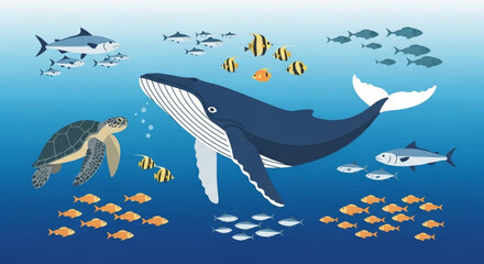 Obraz premium Marine life ocean creatures whale fish turtle shark school swimming underwater ecosystem