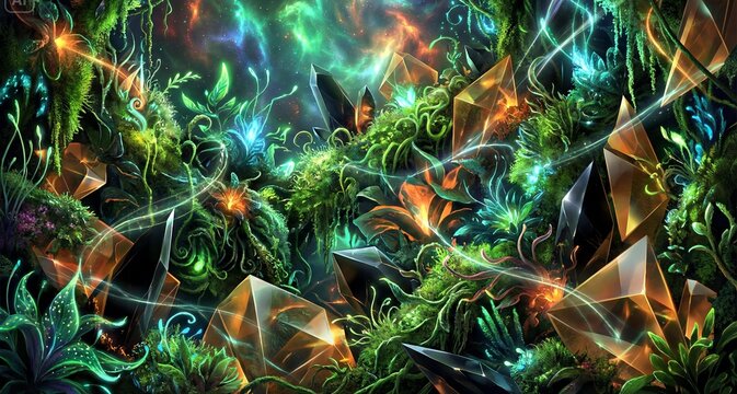 Mystical alien jungle filled with glowing crystals and bioluminescent flora.