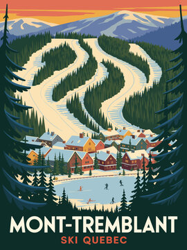 Mont Tremblant Ski Quebec Poster, retro winter travel illustration alpine resort vintage design