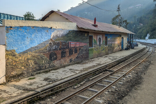 Painted mural at station on the Shimla Kalka Toy Train line in Himachal Pradesh, India.
