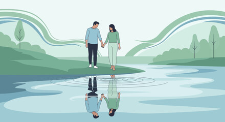 Obraz premium Couple Holding Hands Reflecting In Calm Water Scene