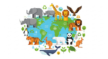 Colorful cartoon animals and recycling symbols surrounding a world map promoting global environmental conservation and wildlife protection
