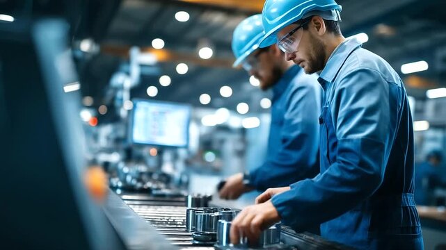 Faceless factory workers inspecting quality of cast metal parts on conveyor belt, bright industrial lighting, digital screens displaying real-time metrics, with copy space