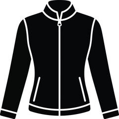 A black silhouette icon of a full-zip fleece jacket or track jacket with a high collar and pockets on a white background © @ahmedmaynul