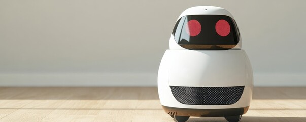 Futuristic Robot Companion Close-up of a sleek, white robot with red digital eyes, standing on a wooden floor with soft light. AI, Companion, Technology