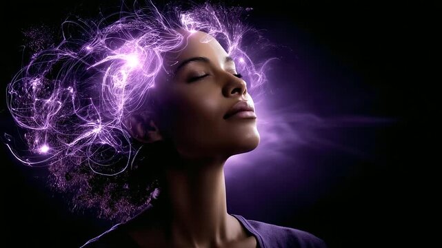 Faceless spiritual woman receiving information from universe, divine connection purple stream of consciousness into pineal gland, crown chakra seventh chakra opening and