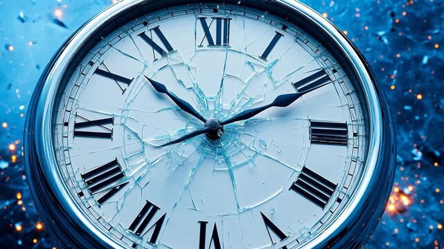 Broken clock with shattered glass face