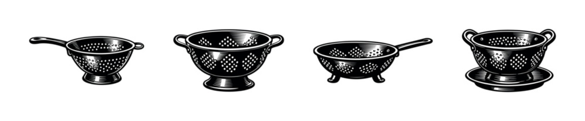Colander kitchen tools flat vector icons set - strainer, sieve, cookware collection
