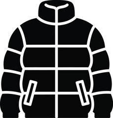 A black and white icon depicting a warm puffer jacket with horizontal quilting and a high collar. © @ahmedmaynul