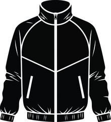 A minimalist black and white vector illustration of a modern windbreaker jacket with a high collar and front zipper. © @ahmedmaynul