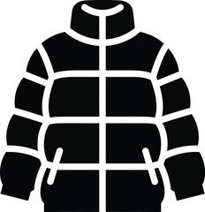 Black and white icon of a puffer jacket, representing cold weather apparel and winter clothing © @ahmedmaynul