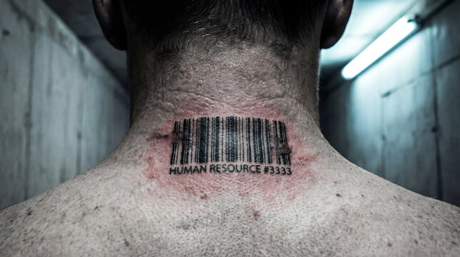 Man presents barcode tattoo on neck in narrow hallway with grey walls. Light from above illuminates the tattoo featuring the text HUMAN RESOURCE 3333