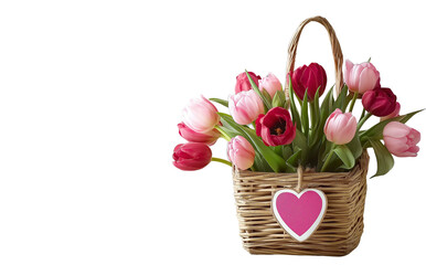 a basket of tulips with heart-shaped tags, placed on an old wooden table against the backdrop of a gray wall. the flowers have pink and red hues, creating a vibrant contrast to the soft background. a 