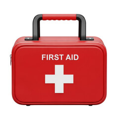 Obraz premium Red first aid kit with white cross and handle emergency medical supplies