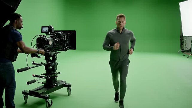 A cameraman operates a professional camera on a dolly tracking a man running