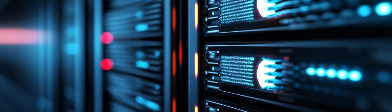 Glowing server racks with digital readouts and red status lights, representing data processing and network infrastructure, deep depth of field, blue hues, bokeh, data center,