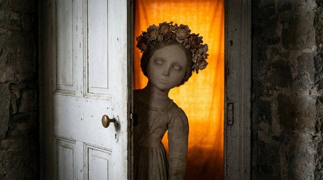 A white wooden door opens into a dark room, and a huge doll with a wreath of flowers on her head pokes her head out.