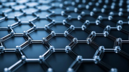 Obraz premium Graphene Structure Hexagonal lattice of carbon atoms in a 3D rendered, deep blue perspective, highlighting atomic bonds. , Nanomaterial, Science