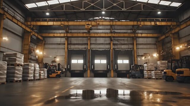Industrial warehouse interior with loading docks, forklifts, and stacked goods