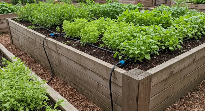 Raised bed with drip irrigation system large wooden bed filled with greens and neat soil edges