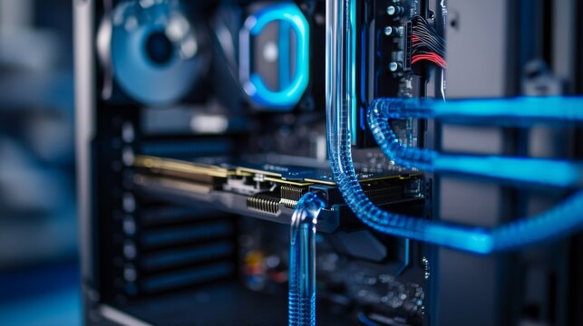 Inside a high-end PC, close-up, focus on GPU and blue liquid cooling tubes, vibrant RGB, cutting-edge technology, powerful, performance