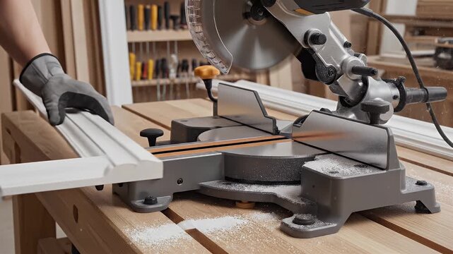 Close up of a person wearing protective gloves using a miter saw to cut white decorative molding in a workshop with wood materials in the background