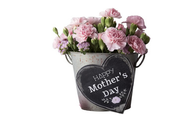 cute pink roses in a wicker basket with a heart-shaped blackboard tag that reads "happy mother's day" on a wooden table against a white wall background, providing a concept for a mother's day celebrat