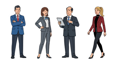 Obraz premium Diverse group of business professionals in suits, standing and walking, vector illustration