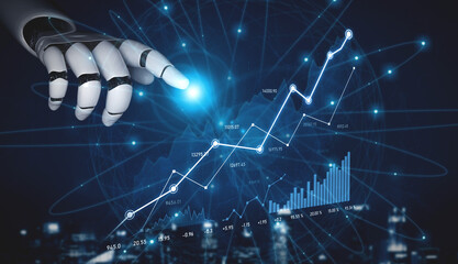A futuristic robotic hand reaches out to touch a glowing point on a digital stock market graph,...
