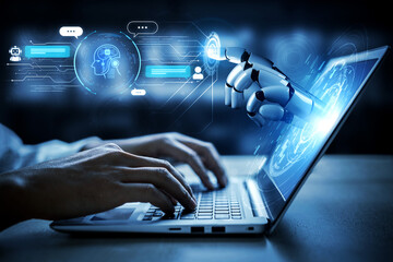 Obraz premium Futuristic AI assistant with autonomous agent capabilities, AI natural language understanding, and seamless business workflow AI integration. AI for modern productivity and tech solutions. Corpus