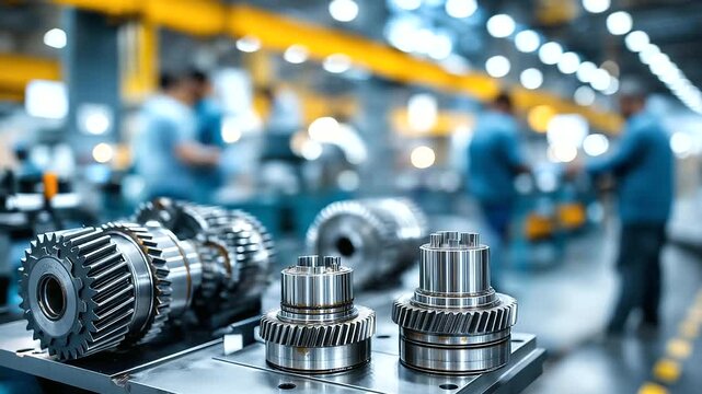 Industrial setting with multiple faceless workers assembling products, close-up foreground of gears wrenches and partially completed components, factory lights reflecting, with