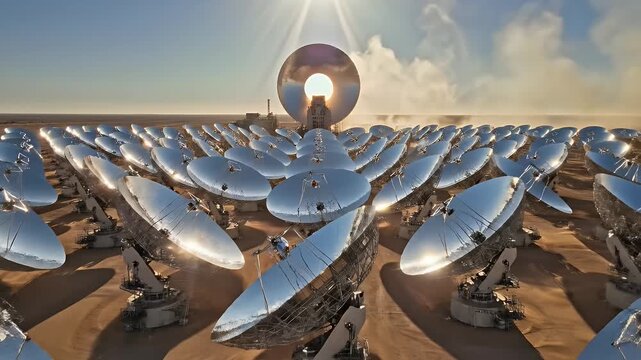 Vast desert expanse covered in reflective solar dishes, focusing sun