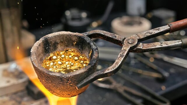 Close up of molten gold being heated in a ceramic crucible with a gas torch and held by metal tongs in a jeweler workshop for metal casting and jewelry manufacturing process.