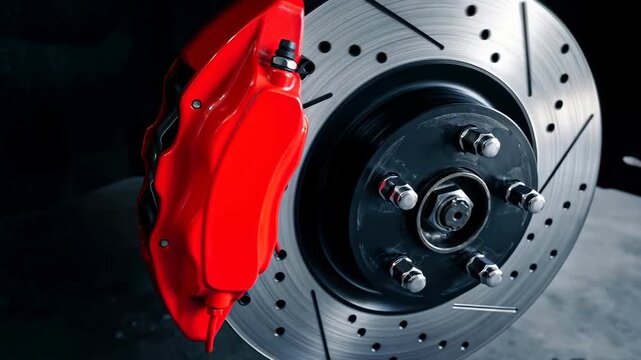 Close up of a high-performance red brake caliper and ventilated disc rotor mounted on a car in a professional automotive garage for vehicle maintenance and tuning concepts.