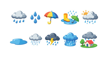 Weather filled icon set. Rain, sun, cloud icons collection in filled style.