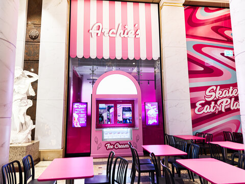 Archie's Ice Cream Shop at Trafford Centre in Manchester pink cafe with seating
