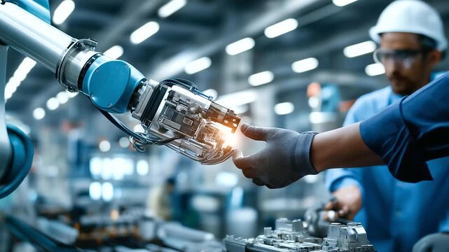 Industrial robotic arm handing over parts to faceless human assembler wearing safety glasses and gloves, efficient manufacturing collaboration, with copy space
