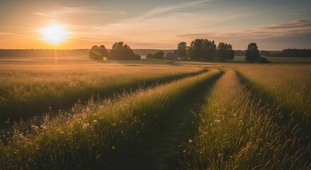 Obraz premium Golden sunset over a rural wheat field at dusk with trees in the distance and long shadows