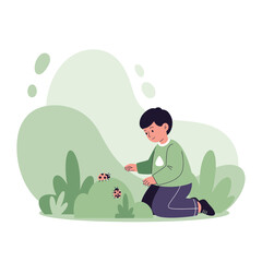 Fototapeta premium Curious Child Discovers Ladybugs in Lush Garden Setting Illustration