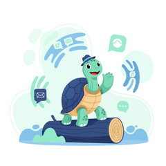 Obraz premium Cute Cartoon Turtle Character Waving With Technology Icons And Blue Wave Background