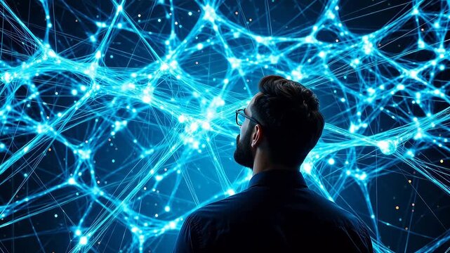 Man observing digital network connections