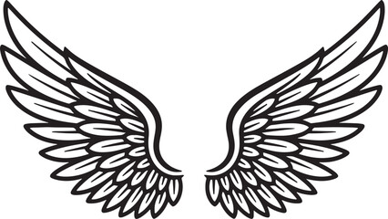 Black outline stylized angel wings spread symmetrically on a white background also transparent background © PixelSaga MH2 