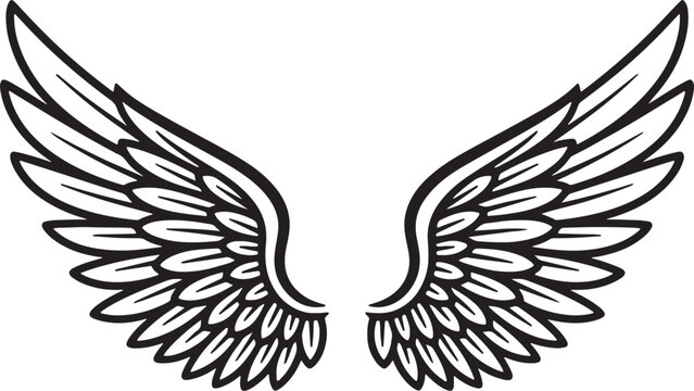 Black outline stylized angel wings spread symmetrically on a white background also transparent background