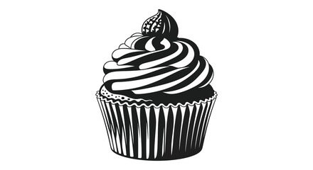 A striking black and white illustration depicts a tall swirled cupcake with a cherry on top high quality professional detailed © Kuntol02